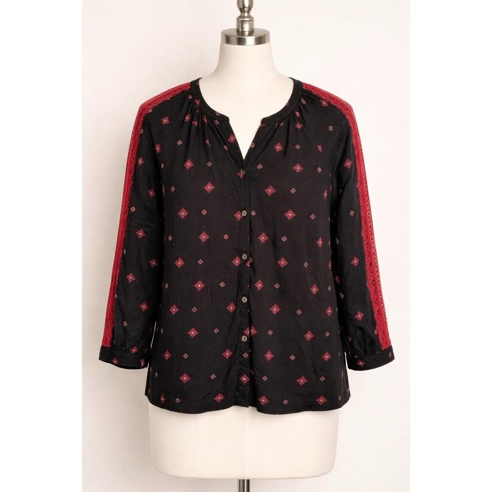 J.Jill Black Cotton Boho Blouse Small Red Geometric Print 3/4 Sleeve Peasant Top